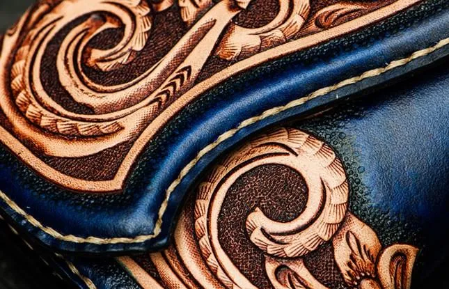 Handmade Leather Men Tooled Blue Floral Cool Leather Wallet Long Phone Clutch Wallets for Men