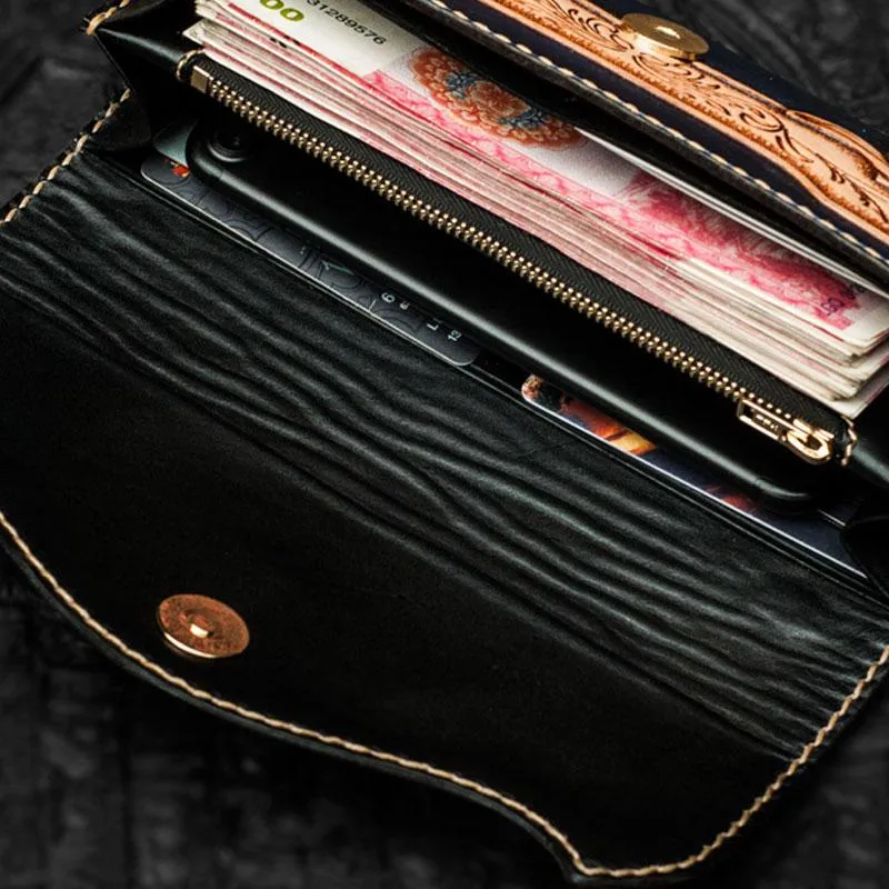 Handmade Leather Men Tooled Blue Floral Cool Leather Wallet Long Phone Clutch Wallets for Men