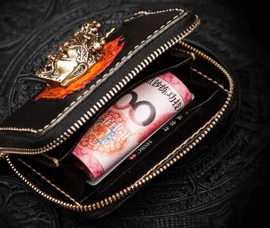 Handmade Mahkla Leather Black Biker Wallet Mens Cool billfold Chain Wallet Trucker Wallet with Chain