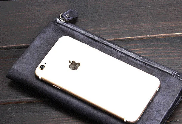 Handmade men long leather wallet men bifold vintage gray long wallet for him