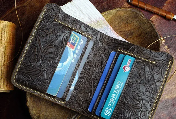 Handmade small leather wallet flowral leather billfold wallet for men women