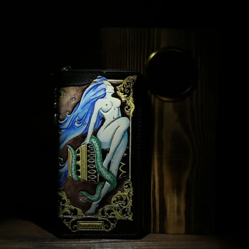 Handmade Tooled Leather Biker Wallet Constellation Aquarius Mens Cool Chain Wallet Wallet with Chain