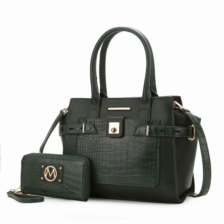 Isla Crocodile Embossed Vegan Leather Womens Satchel Bag with wallet -2 pieces