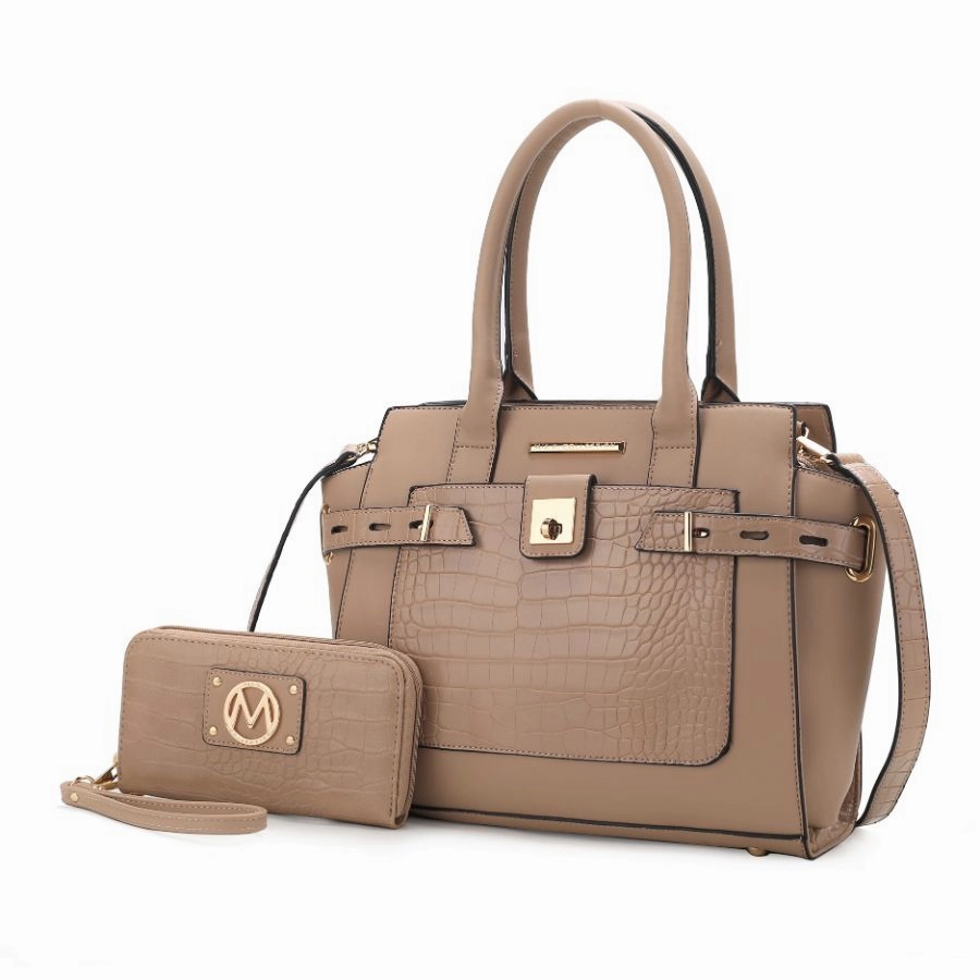 Isla Crocodile Embossed Vegan Leather Womens Satchel Bag with wallet -2 pieces