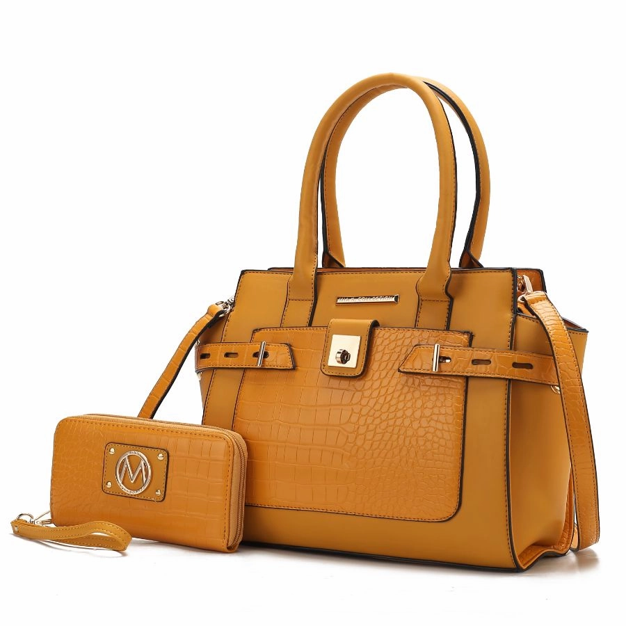 Isla Crocodile Embossed Vegan Leather Womens Satchel Bag with wallet -2 pieces