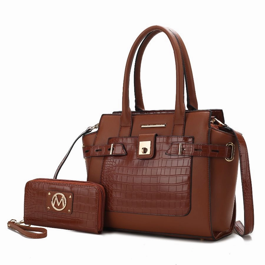 Isla Crocodile Embossed Vegan Leather Womens Satchel Bag with wallet -2 pieces