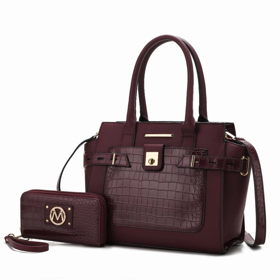 Isla Crocodile Embossed Vegan Leather Womens Satchel Bag with wallet -2 pieces