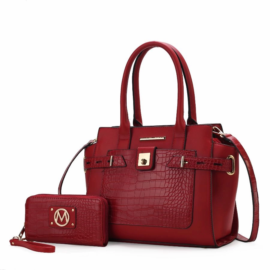 Isla Crocodile Embossed Vegan Leather Womens Satchel Bag with wallet -2 pieces
