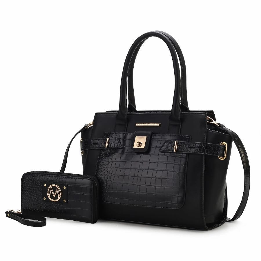 Isla Crocodile Embossed Vegan Leather Womens Satchel Bag with wallet -2 pieces