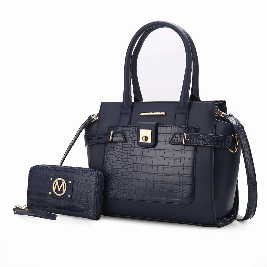 Isla Crocodile Embossed Vegan Leather Womens Satchel Bag with wallet -2 pieces