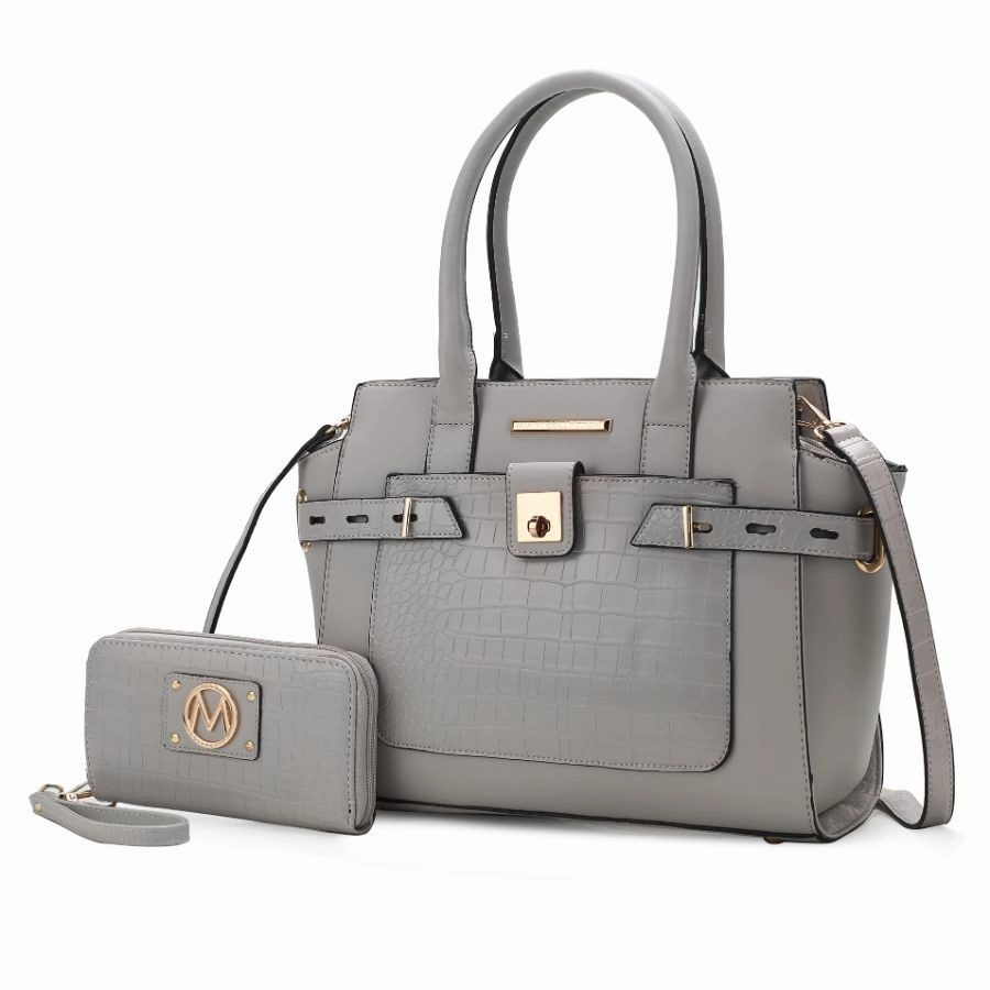 Isla Crocodile Embossed Vegan Leather Womens Satchel Bag with wallet -2 pieces