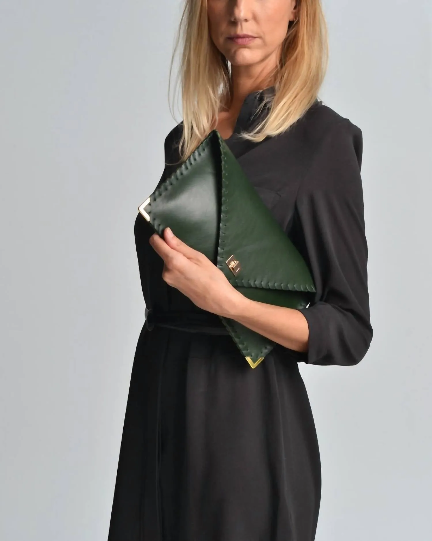 Leather Envelope Clutch In Dark Green