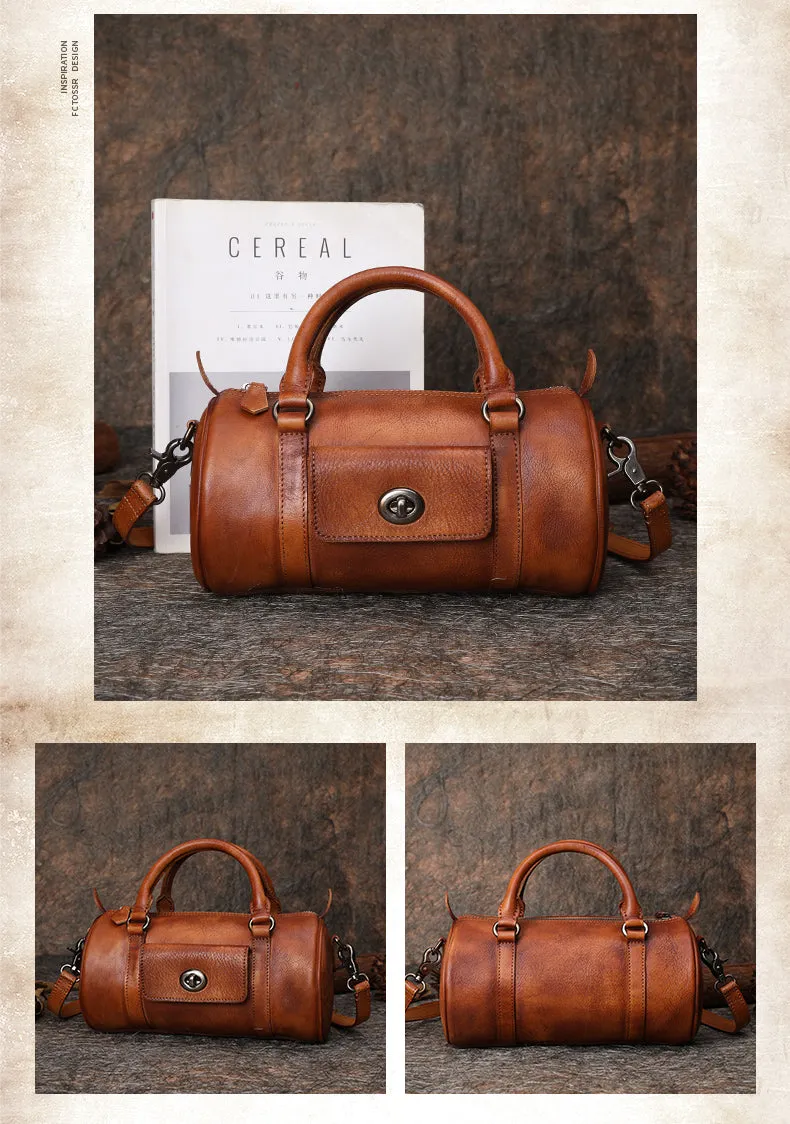 Leather Womens Barrel Handbag Handmade Barrel Handbag Crossbody Purse for Ladies