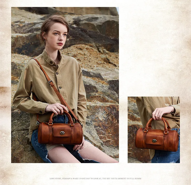 Leather Womens Barrel Handbag Handmade Barrel Handbag Crossbody Purse for Ladies