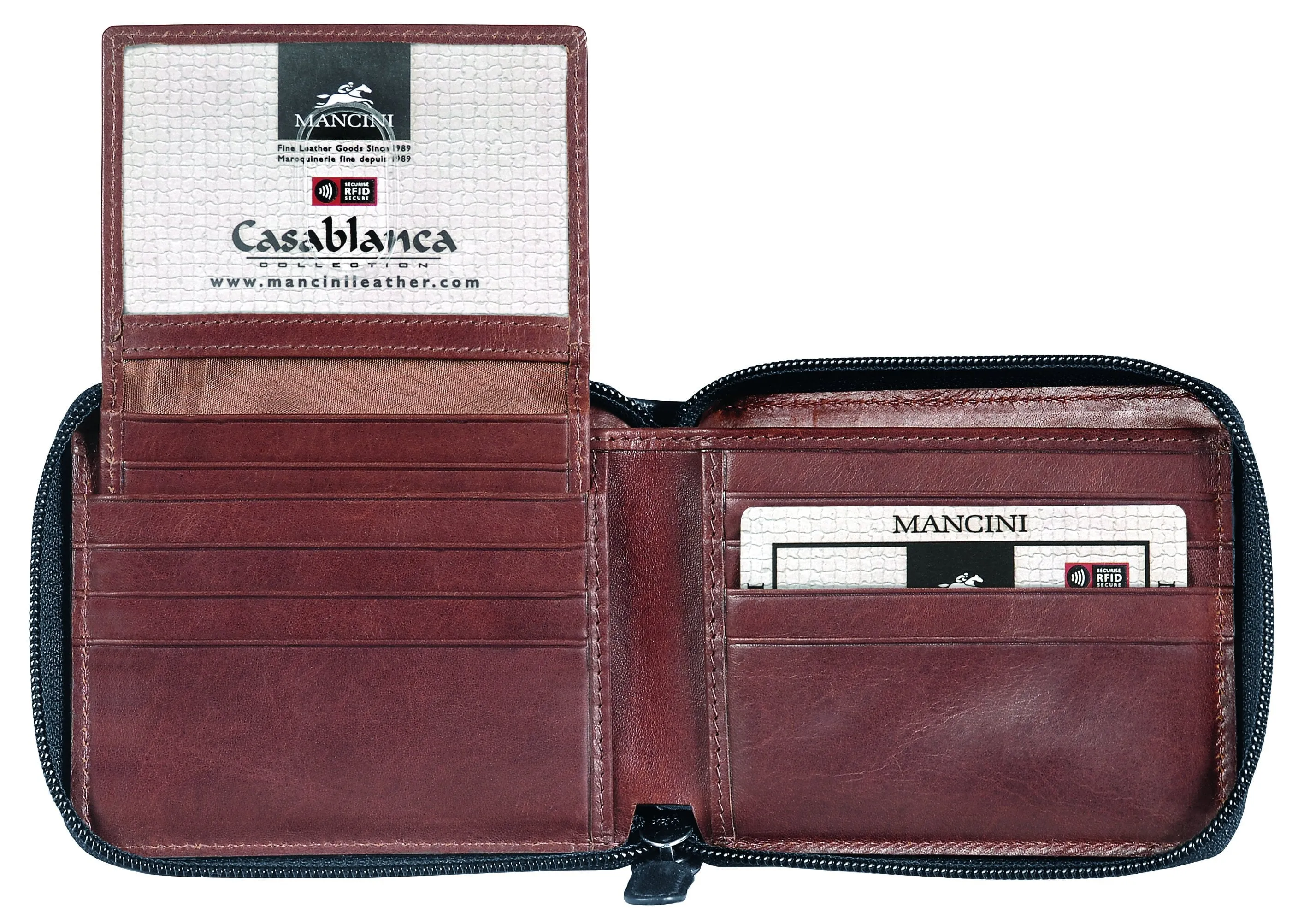 Mancini CASABLANCA Collection Mens Zippered Wallet with Removable Passcase (RFID Secure)