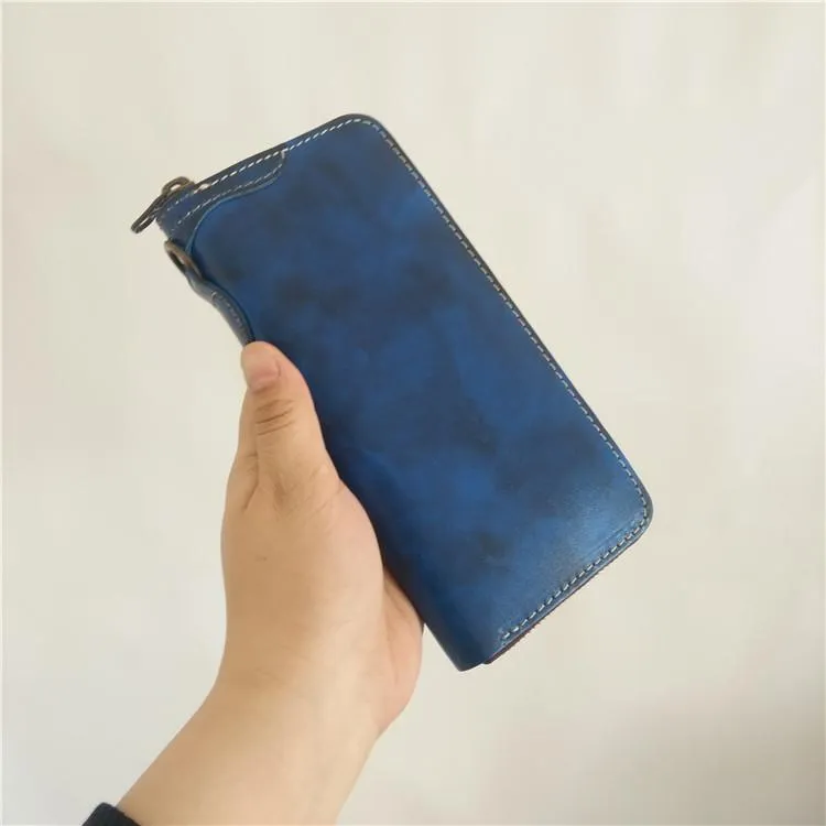 [On Sale] Handmade Mens Long Biker Wallets with Chains Cool Zipper Leather Biker Chain Wallet