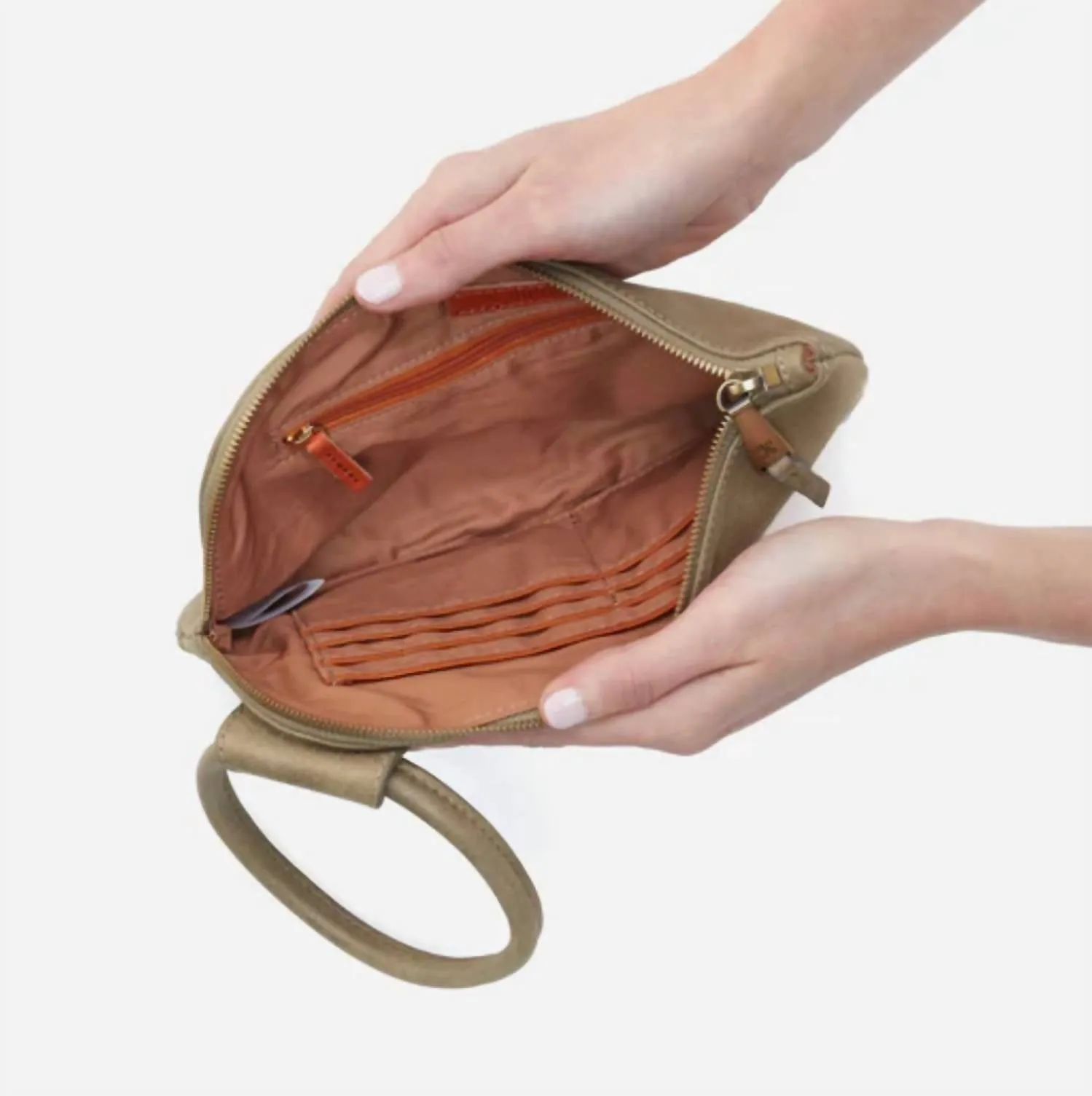 Sable Metallic Leather Wristlet In Burnished Sage