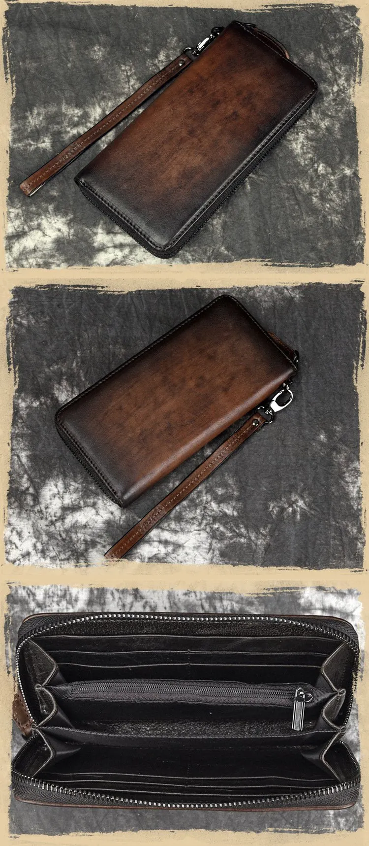 Vintage Brown Leather Men's Clutch Long Wallet Tan Zipper Wristlet Wallet For Men