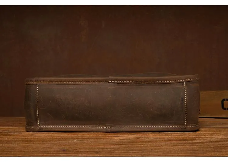 Vintage Dark Brown Leather Small Mens Briefcase Cool Work Bag Messenger Bags for Men