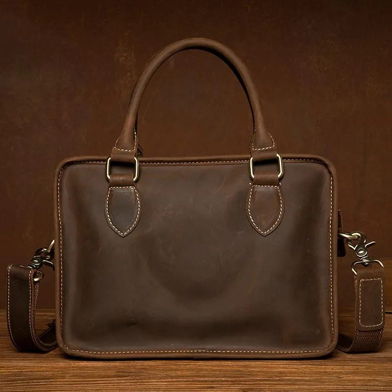 Vintage Dark Brown Leather Small Mens Briefcase Cool Work Bag Messenger Bags for Men