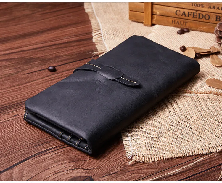 Vintage Leather Long Wallet for Men Bifold Coffee Wallet