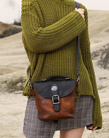 Vintage Leather Womens Bucket Green Shoulder Bag Handmade Barrel Crossbody Purse for Ladies