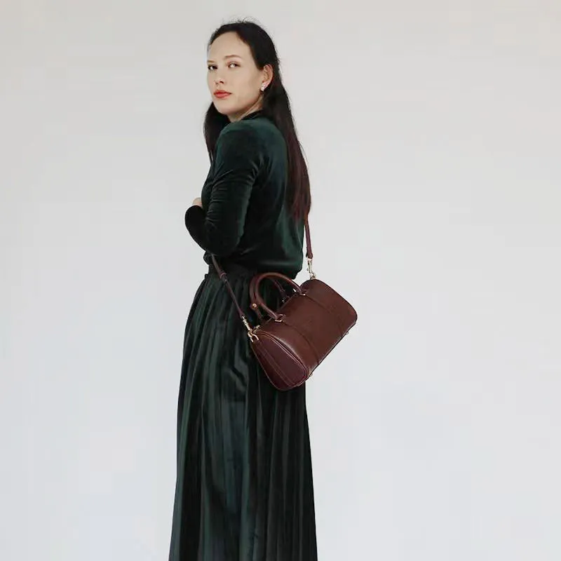 Womens Brown Leather Boston Handbag Vintage Boston Crossbody Bag Shoulder Bag for Ladies