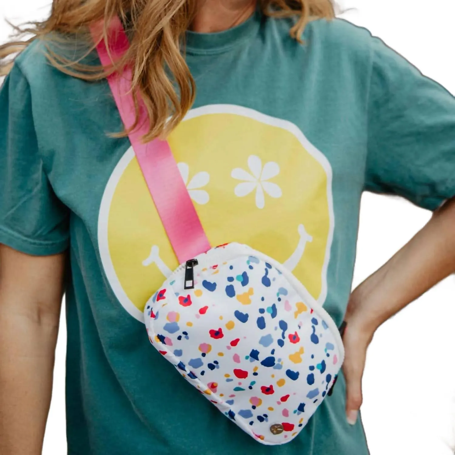 Women's Confetti Print Belt Bag Fanny Pack Sling Bag In White