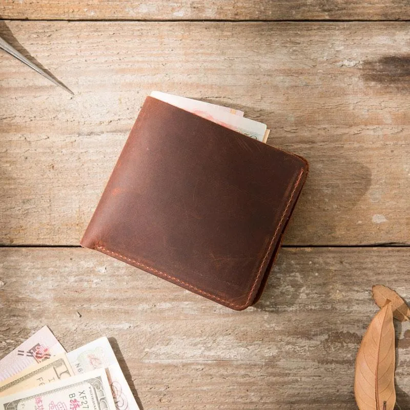Brown Cool Leather Mens Small Wallet Bifold Vintage Slim billfold Wallet for Men