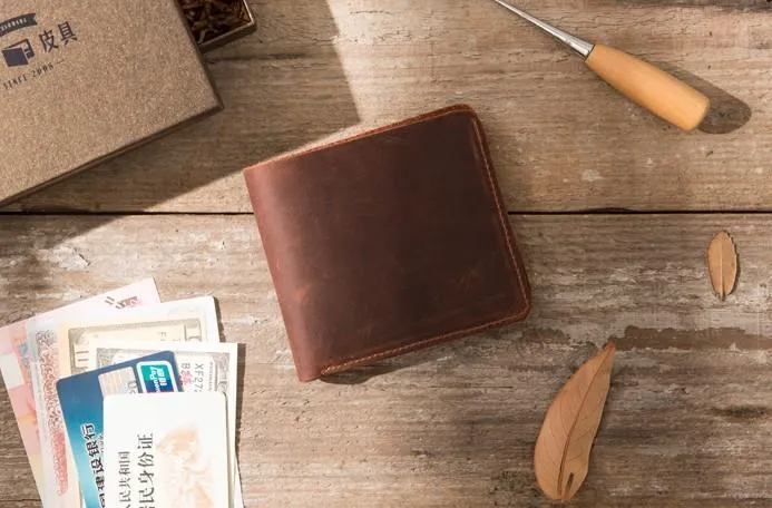 Brown Cool Leather Mens Small Wallet Bifold Vintage Slim billfold Wallet for Men