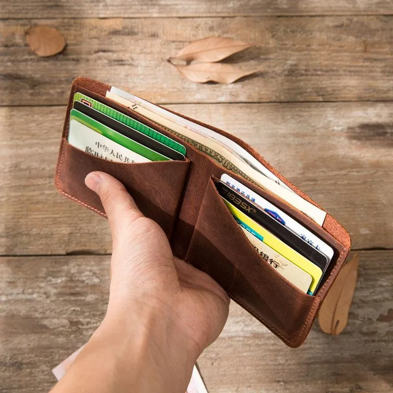 Brown Cool Leather Mens Small Wallet Bifold Vintage Slim billfold Wallet for Men