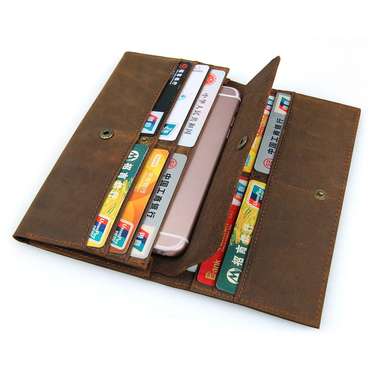 Brown Leather Mens Long Wallet Long Bifold Card Wallet For Men