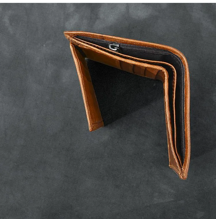 Brown Waxed Leather Mens Small Wallet billfold Trifold Card Wallet For Men