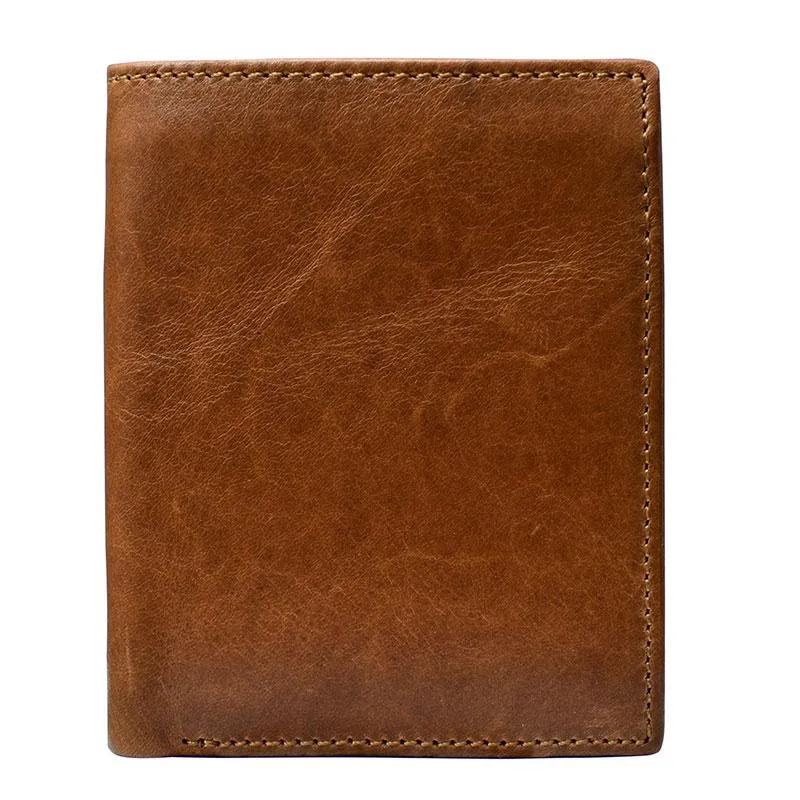 Brown Waxed Leather Mens Small Wallet billfold Trifold Card Wallet For Men