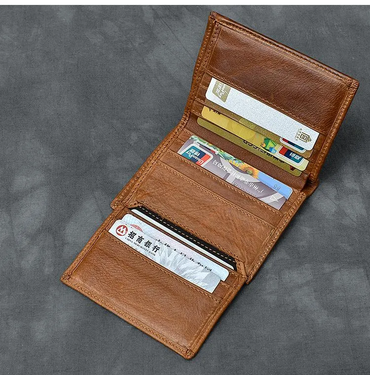 Brown Waxed Leather Mens Small Wallet billfold Trifold Card Wallet For Men