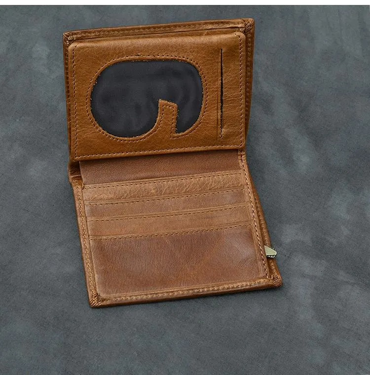 Brown Waxed Leather Mens Small Wallet billfold Trifold Card Wallet For Men