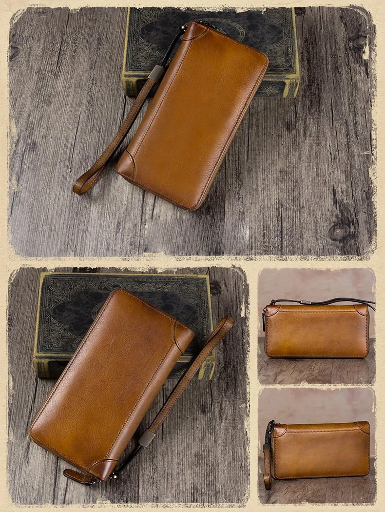 Brown Womens Vintage Leather Green Long Wallet Zipper Blue Clutch Long Wristlet Wallet for Ladies