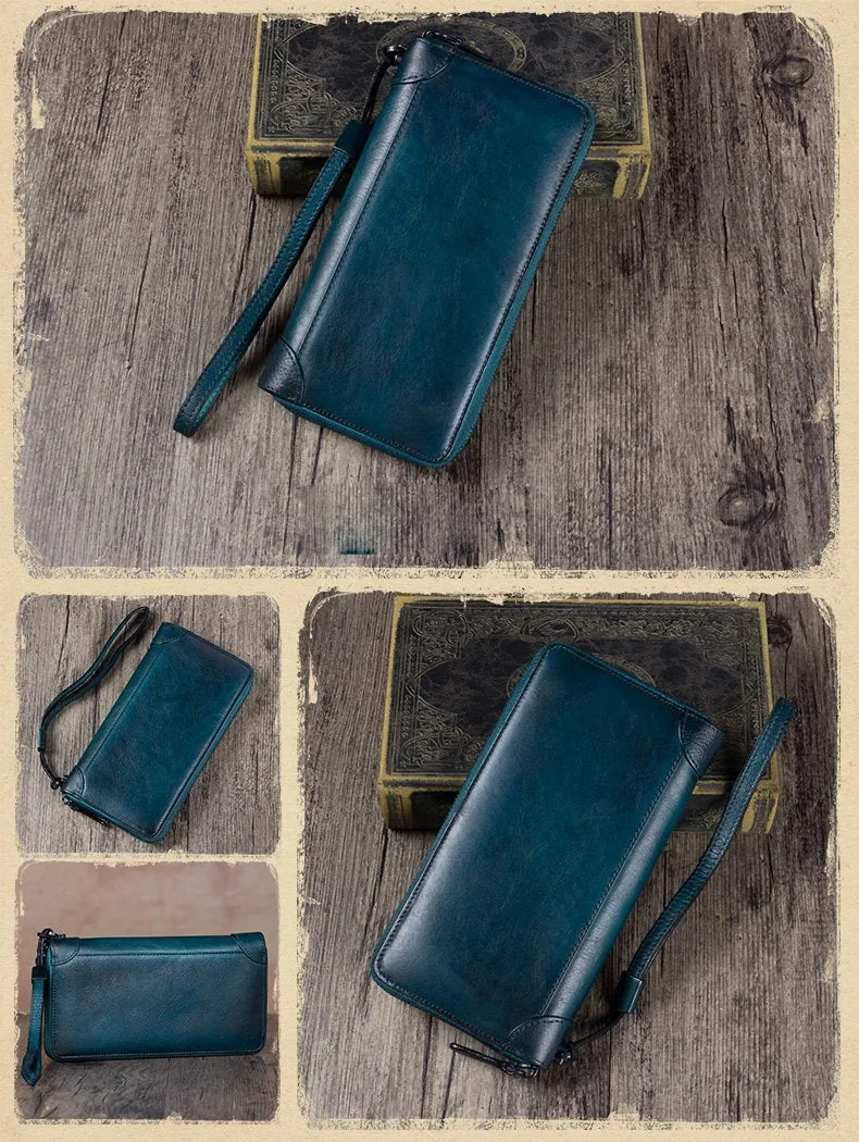 Brown Womens Vintage Leather Green Long Wallet Zipper Blue Clutch Long Wristlet Wallet for Ladies