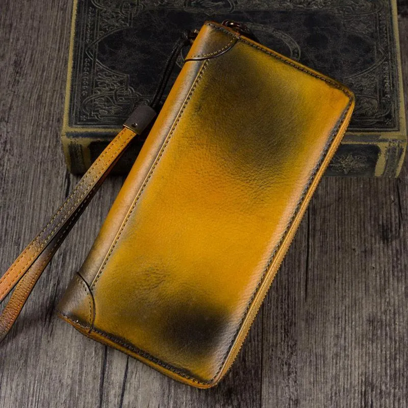 Brown Womens Vintage Leather Green Long Wallet Zipper Blue Clutch Long Wristlet Wallet for Ladies