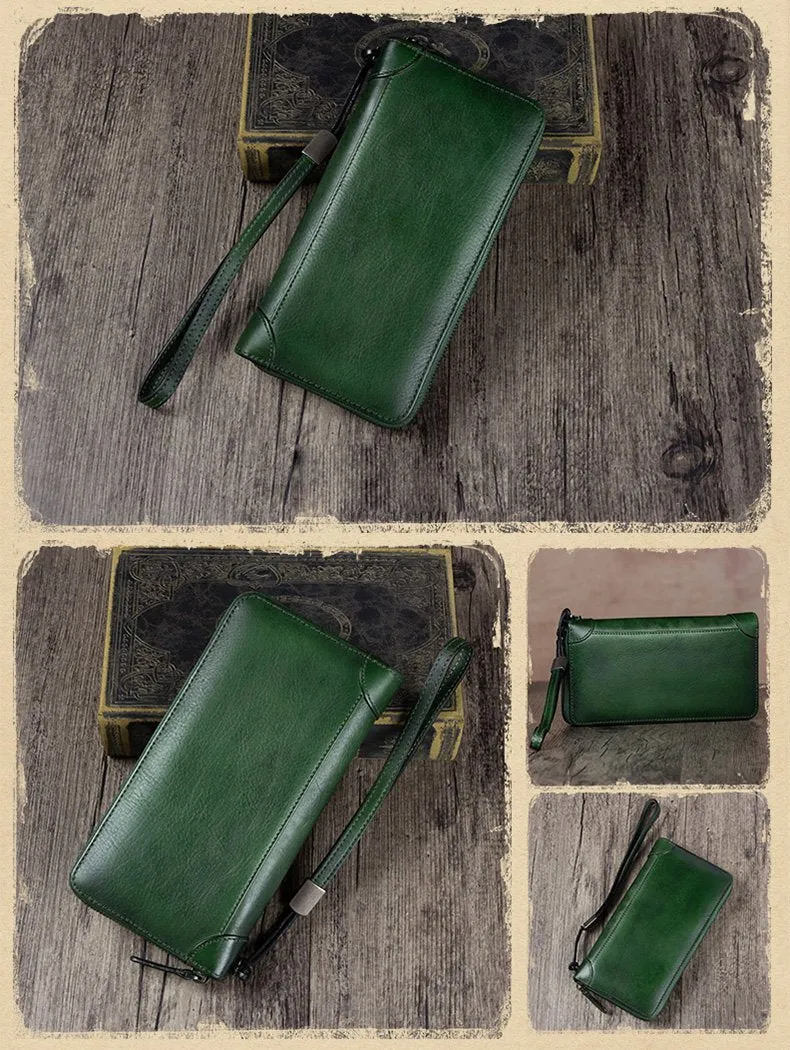 Brown Womens Vintage Leather Green Long Wallet Zipper Blue Clutch Long Wristlet Wallet for Ladies