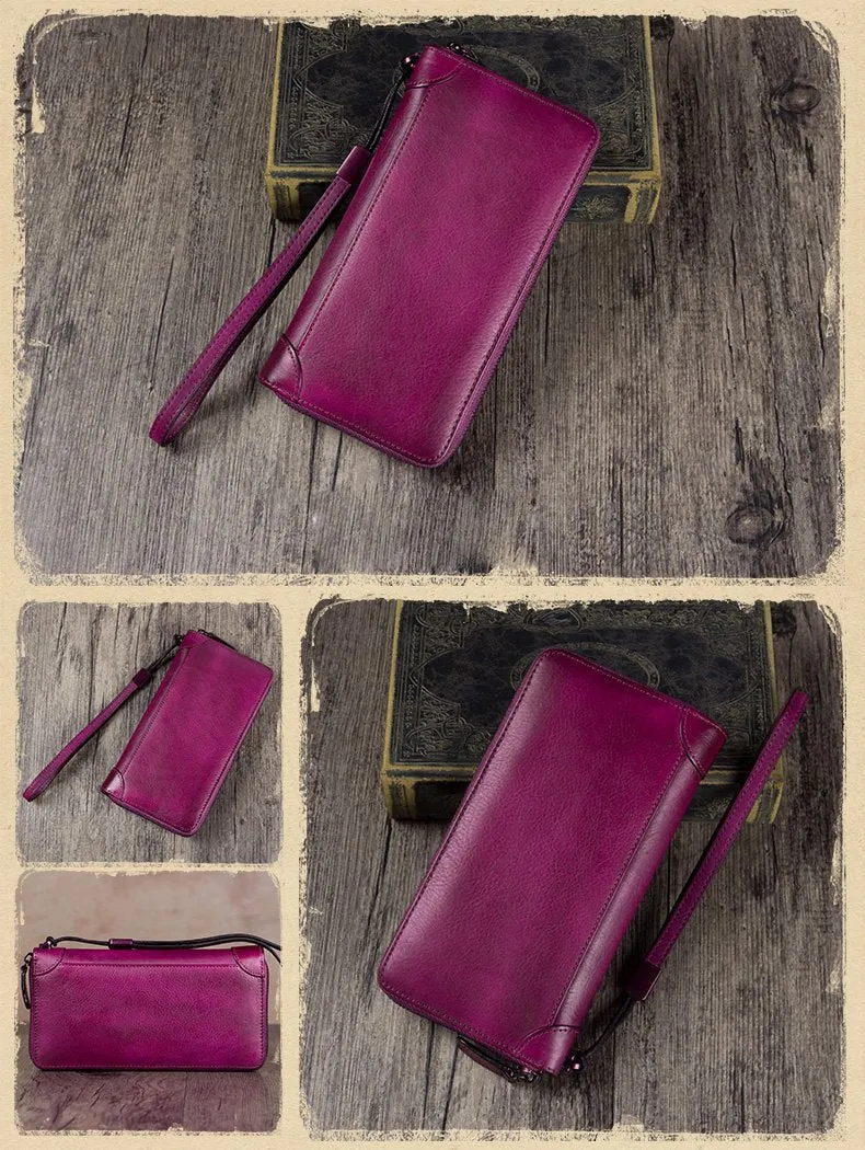Brown Womens Vintage Leather Green Long Wallet Zipper Blue Clutch Long Wristlet Wallet for Ladies