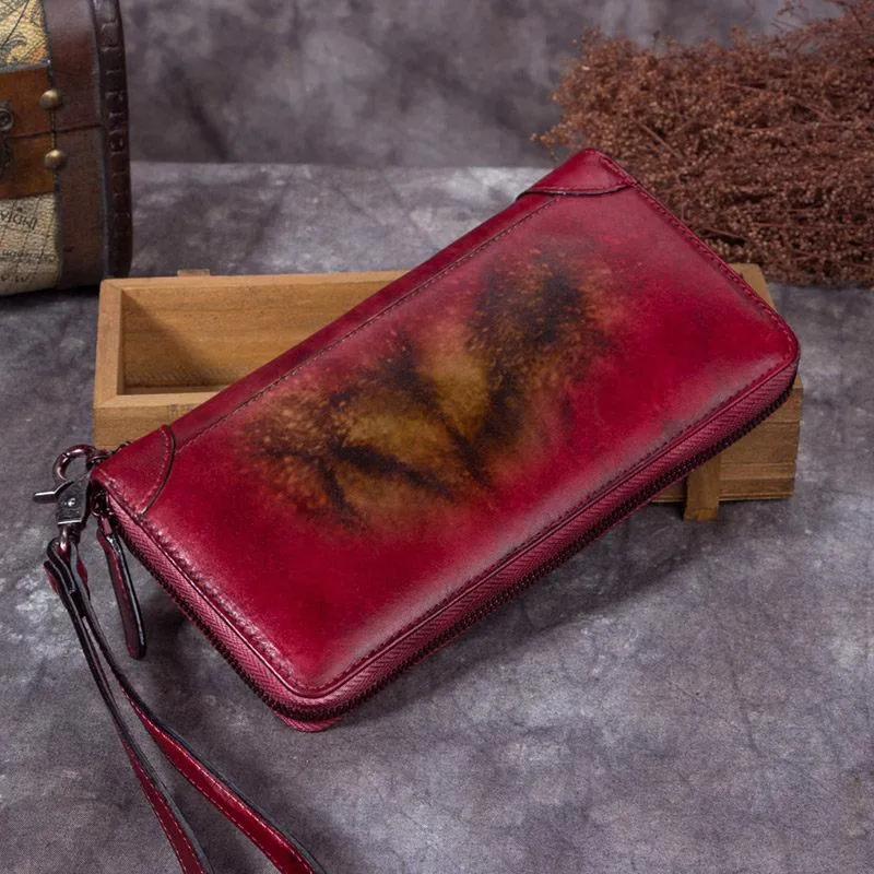 Brown Womens Vintage Leather Green Long Wallet Zipper Blue Clutch Long Wristlet Wallet for Ladies