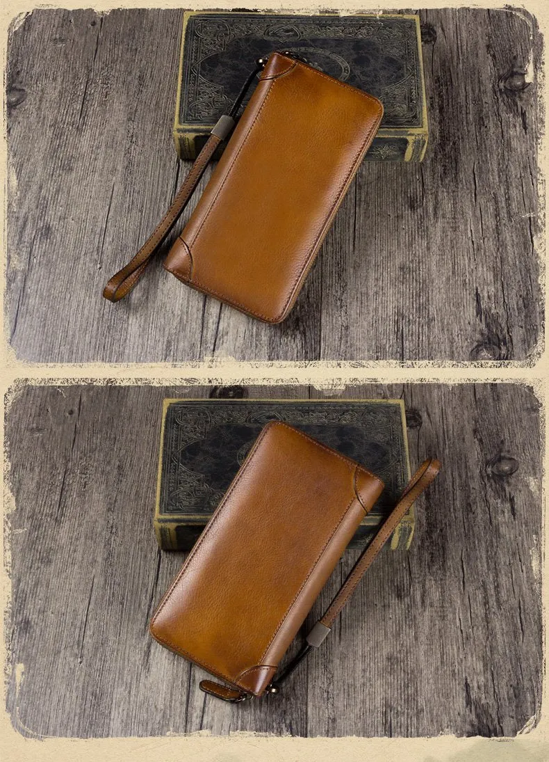 Brown Womens Vintage Leather Green Long Wallet Zipper Blue Clutch Long Wristlet Wallet for Ladies
