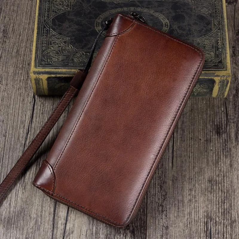 Brown Womens Vintage Leather Green Long Wallet Zipper Blue Clutch Long Wristlet Wallet for Ladies