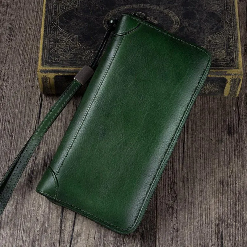 Brown Womens Vintage Leather Green Long Wallet Zipper Blue Clutch Long Wristlet Wallet for Ladies
