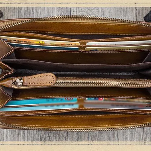 Brown Womens Vintage Leather Green Long Wallet Zipper Blue Clutch Long Wristlet Wallet for Ladies