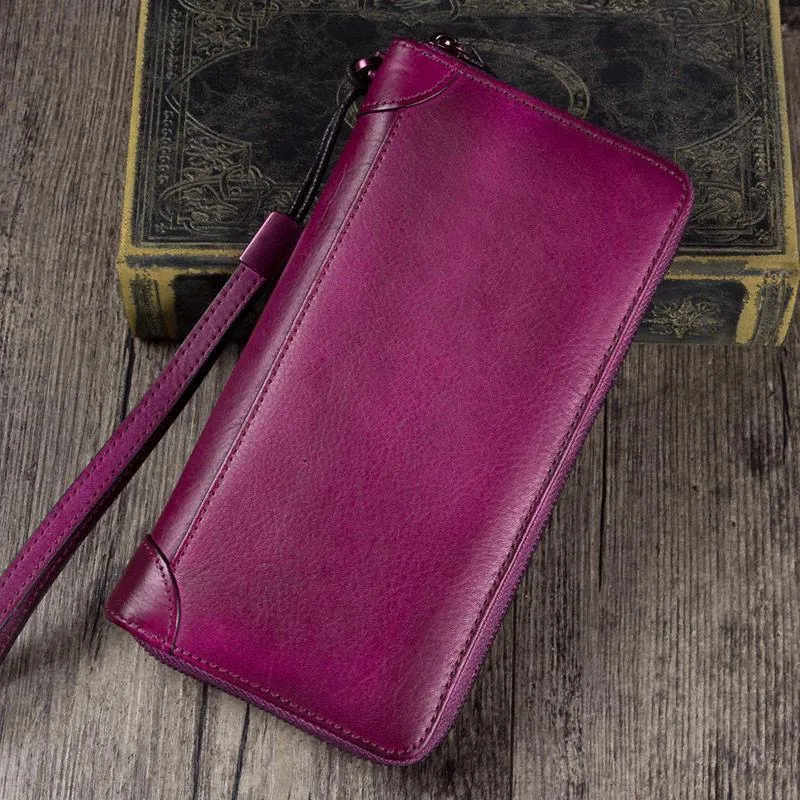 Brown Womens Vintage Leather Green Long Wallet Zipper Blue Clutch Long Wristlet Wallet for Ladies