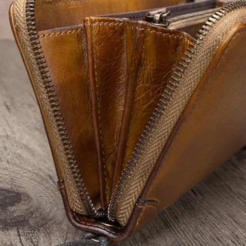 Brown Womens Vintage Leather Green Long Wallet Zipper Blue Clutch Long Wristlet Wallet for Ladies