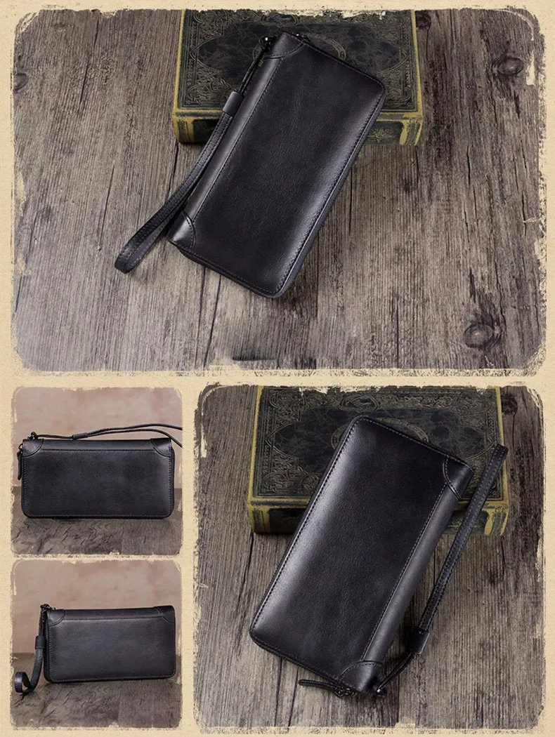 Brown Womens Vintage Leather Green Long Wallet Zipper Blue Clutch Long Wristlet Wallet for Ladies