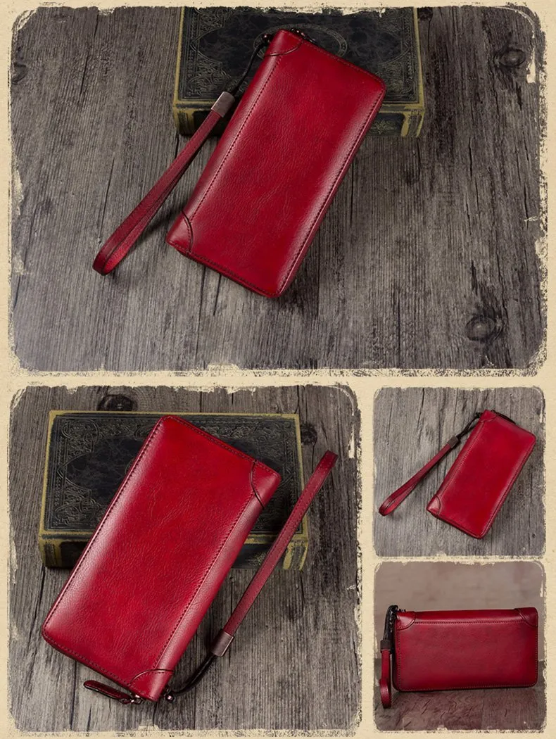 Brown Womens Vintage Leather Green Long Wallet Zipper Blue Clutch Long Wristlet Wallet for Ladies